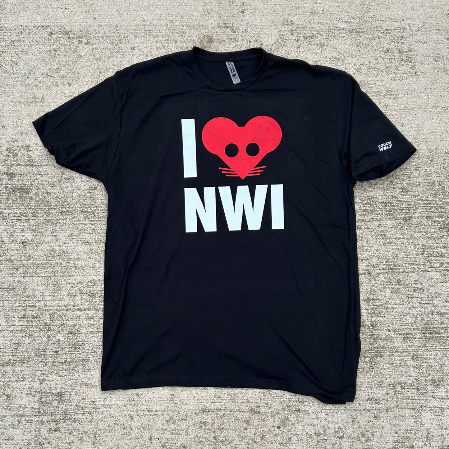 Black t-shirt with 'I heart NWI' design on a textured surface