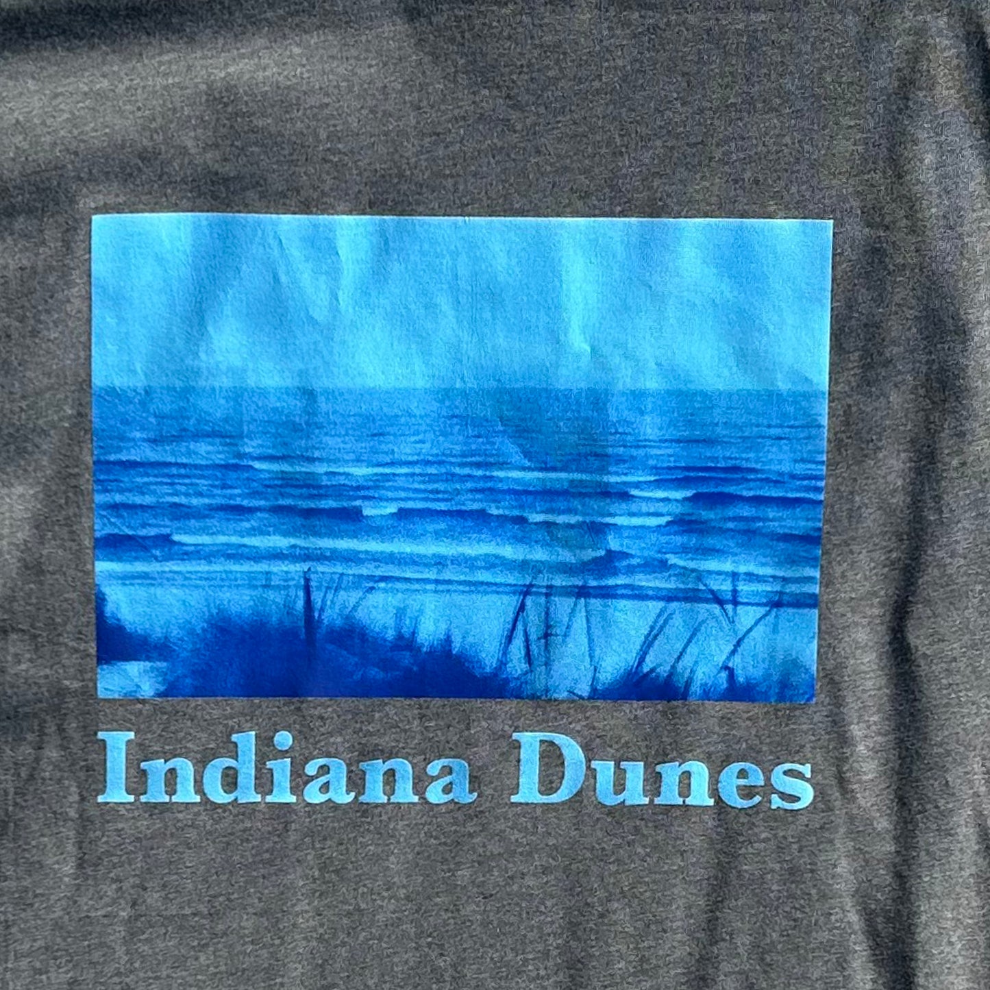 Indiana Dunes Shirt Indiana Dunes Photography t-shirt dark gray shirt with bright blue duotone photo of indiana Dunes National Park beach descending into lake michigan shirt