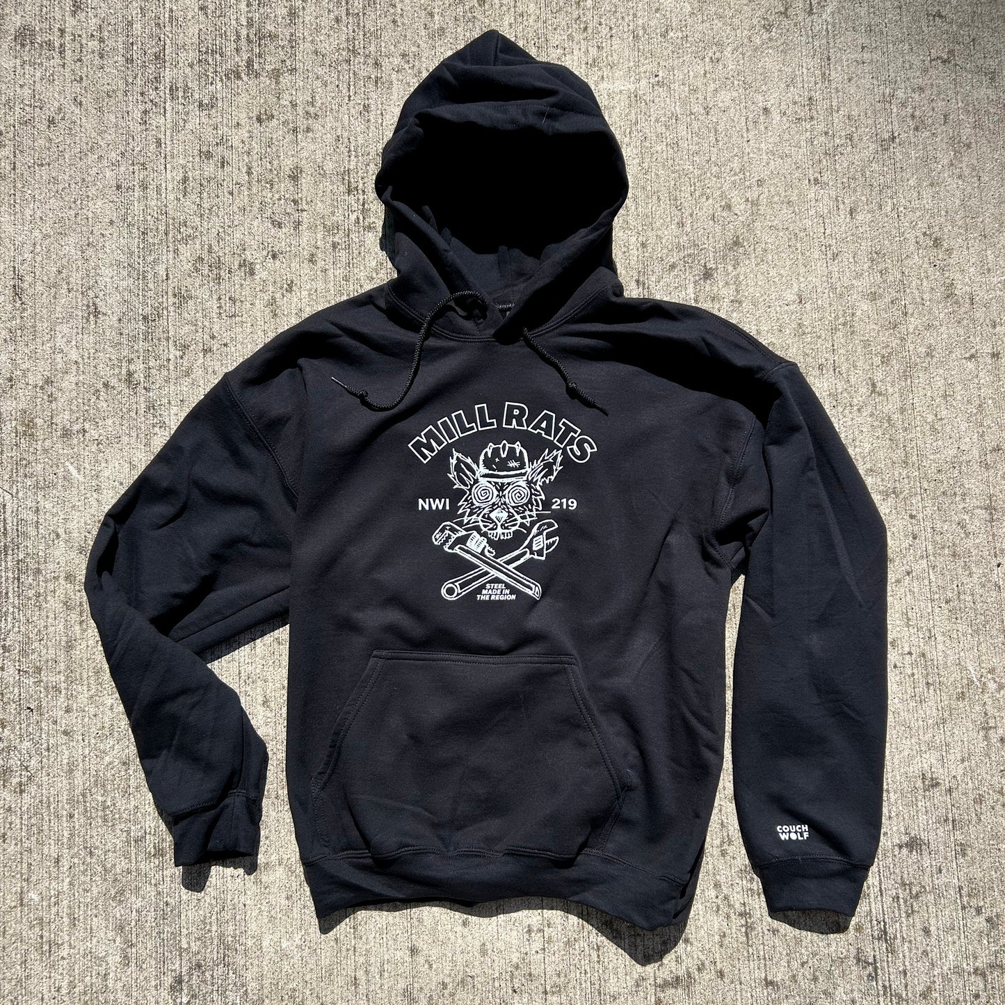 Black hoodie with white mill rat graphic design on a textured surface