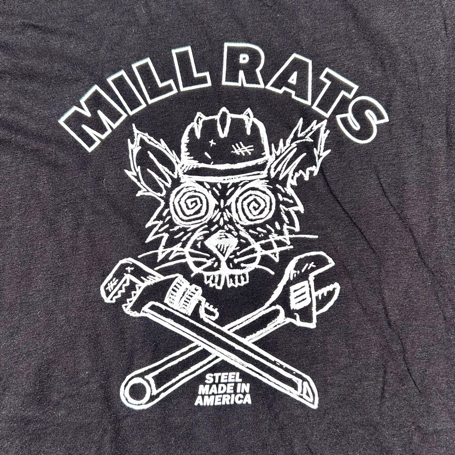 Mill Rat shirt black fabric with white graphic design of a rat wearing a helmet and tools