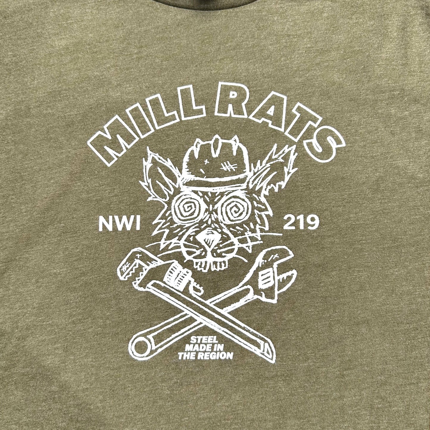 Green t-shirt with white graphic design featuring text that says "Mill Rats NWI 219 Steel Made in the Region" and a stylized rat head.