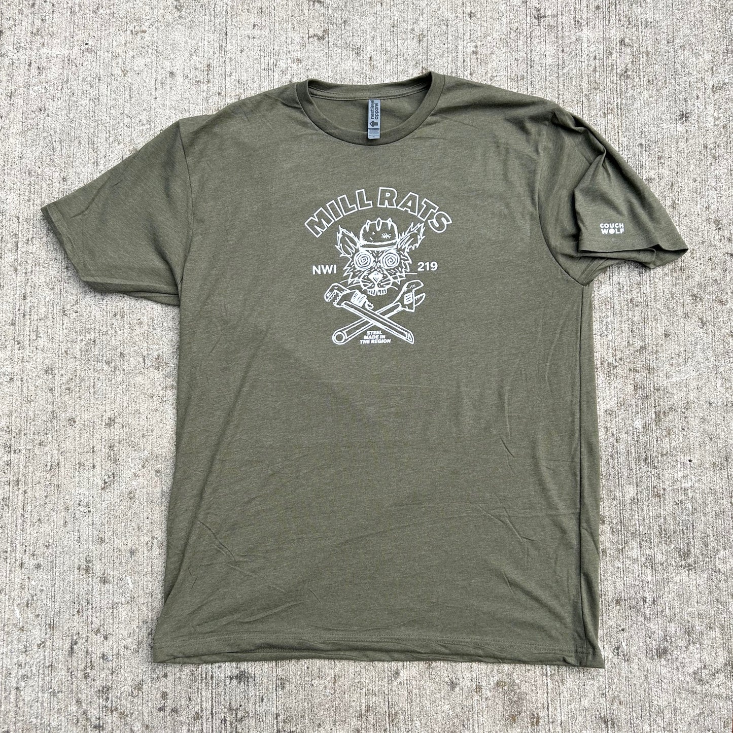 Green Mill Rats t-shirt with white graphic design on a textured gray background