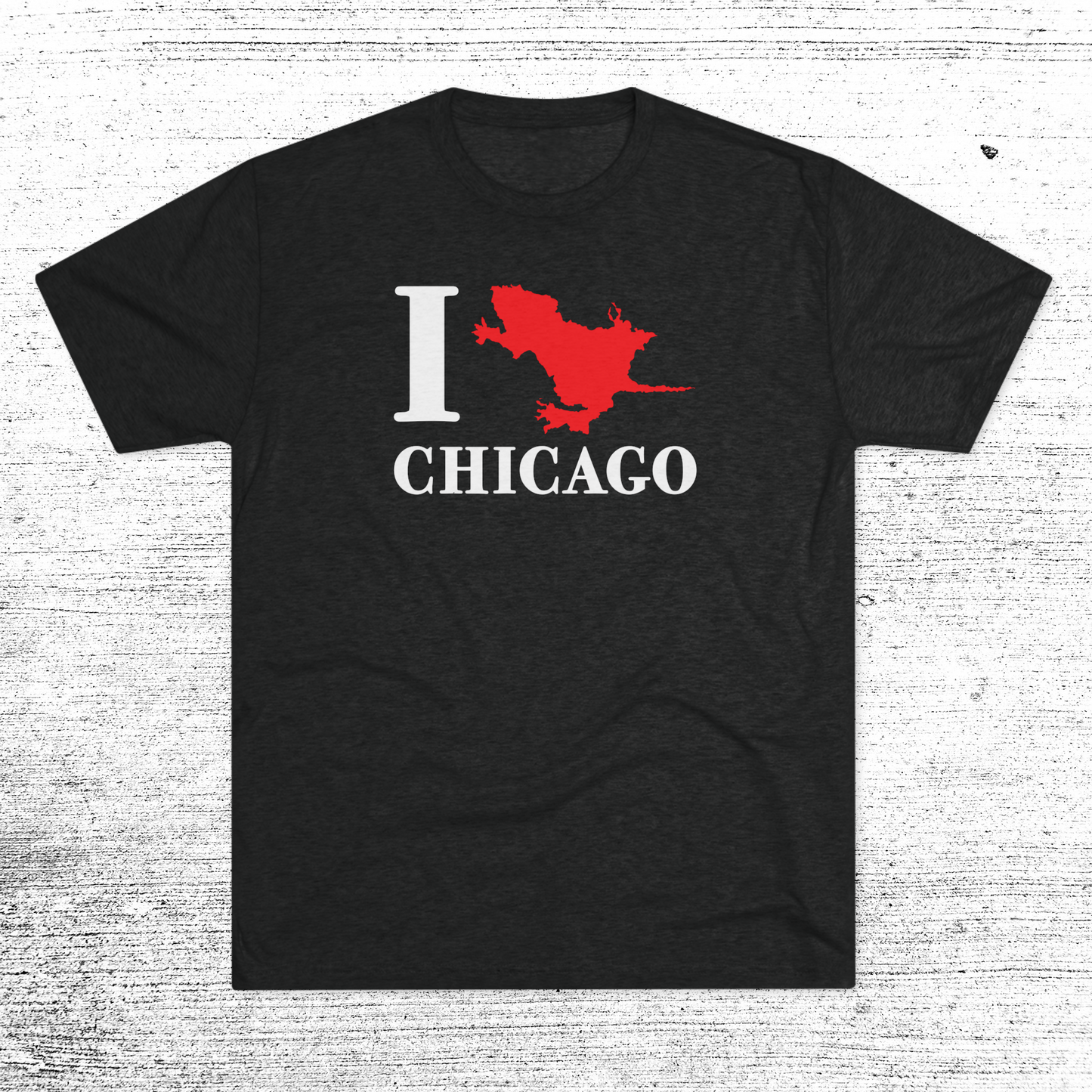 Rat Hole Chicago Shirt red rat imprint says "I (Rat Image Chicago) " in red capital letters black short sleeve shirt with white letters on white concrete background