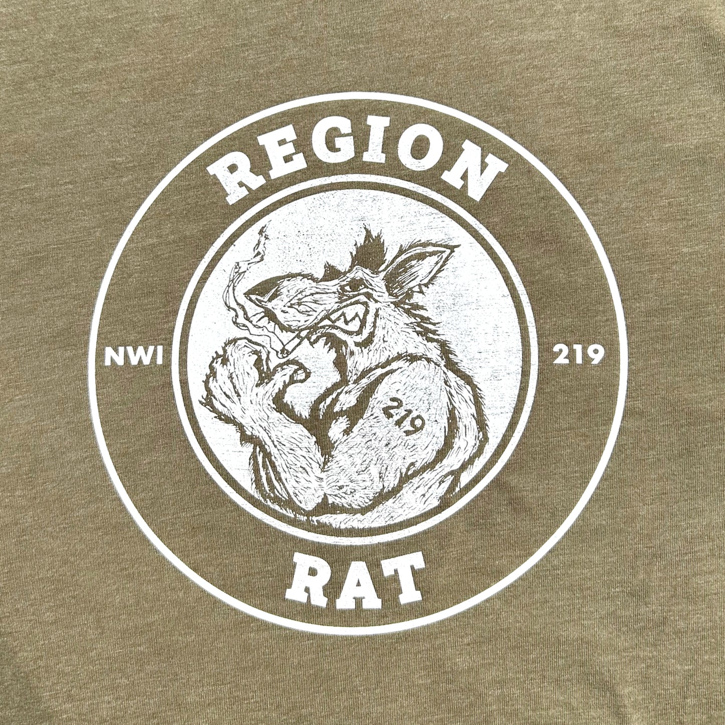 T-shirt with a graphic of a rat and text 'REGION RAT NWI 219' on a green background