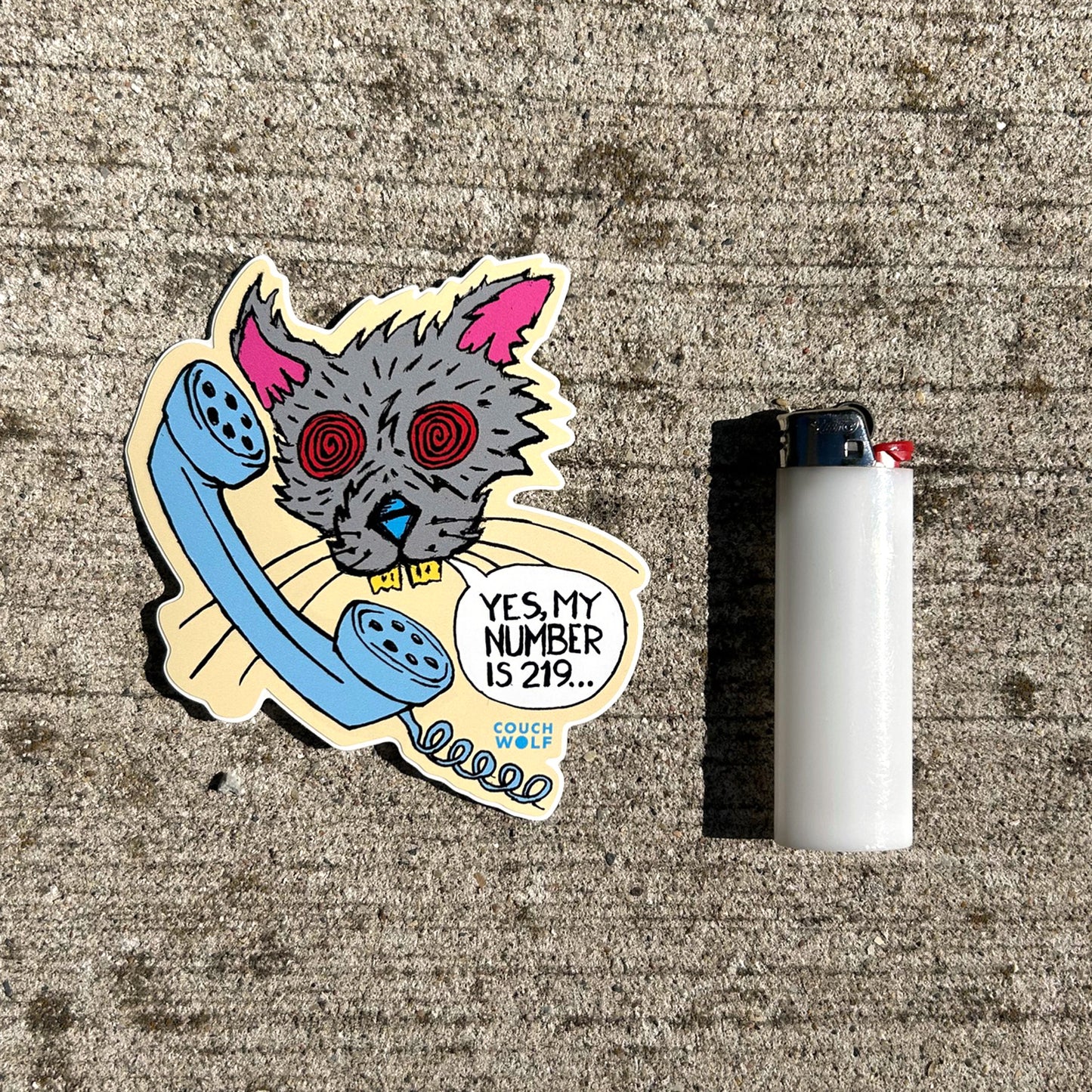 Sticker of a rat with a phone and lighter on a textured surface