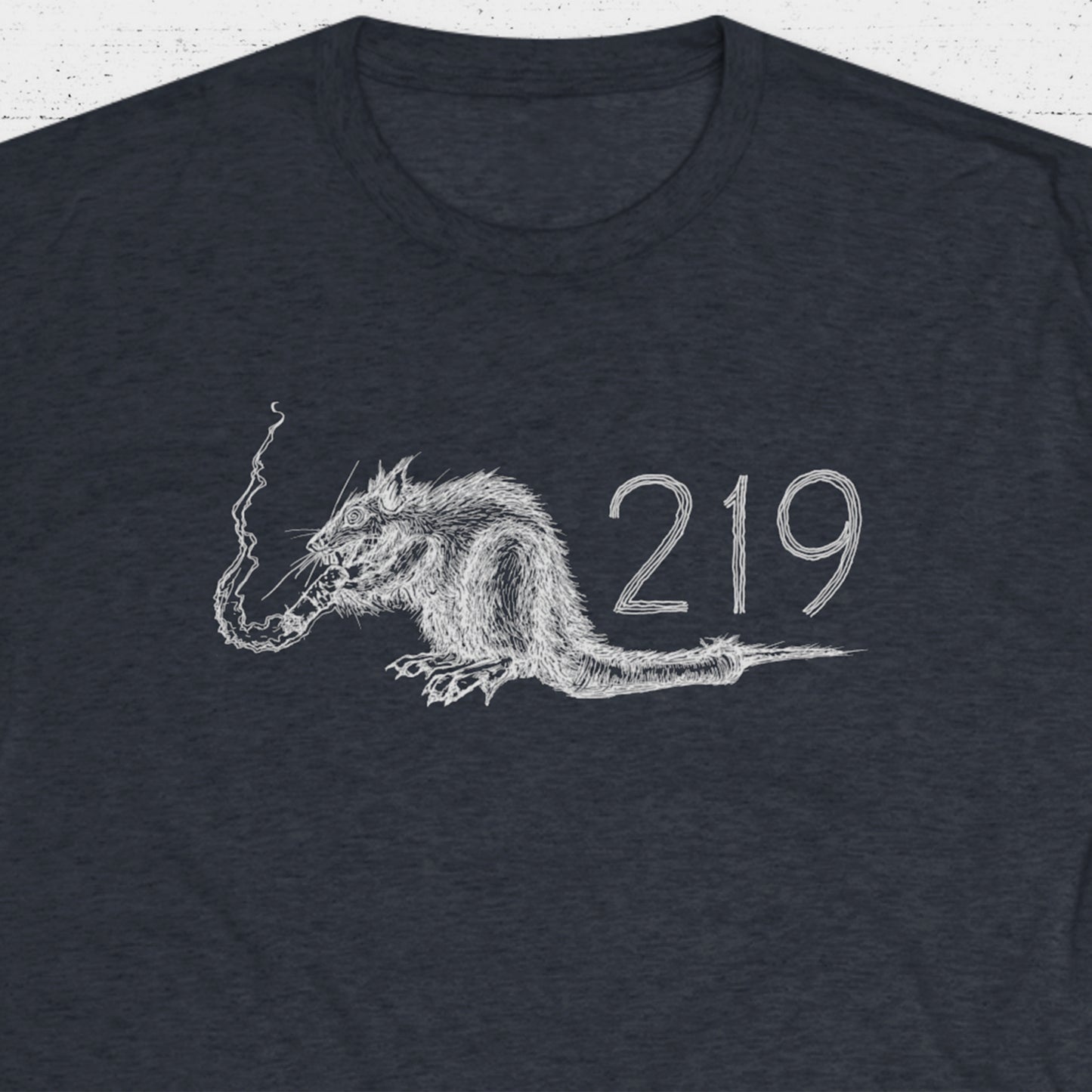 Region Rat 219 shirt charcoal grey short sleeve shirt with rat smoking cigarette in white ink shirt shown on white background