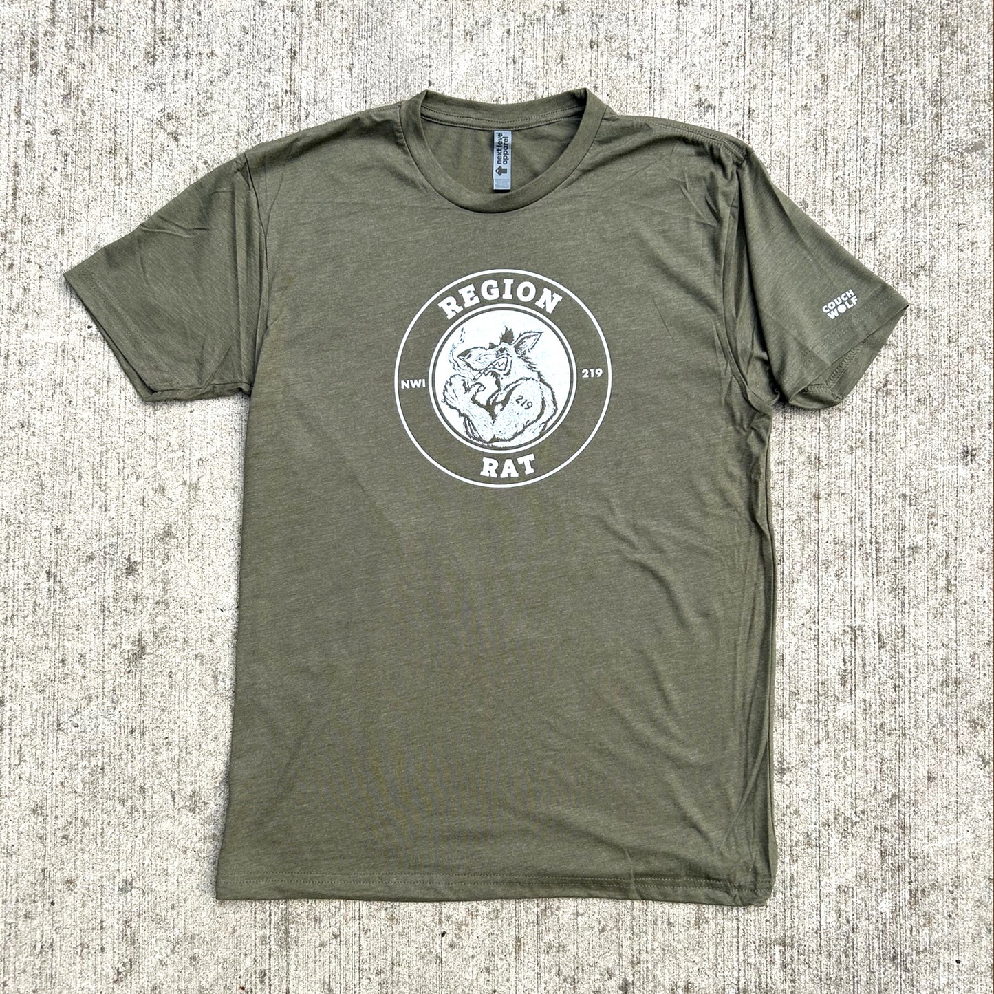 Green Region Rat t-shirt with a white logo on a textured surface