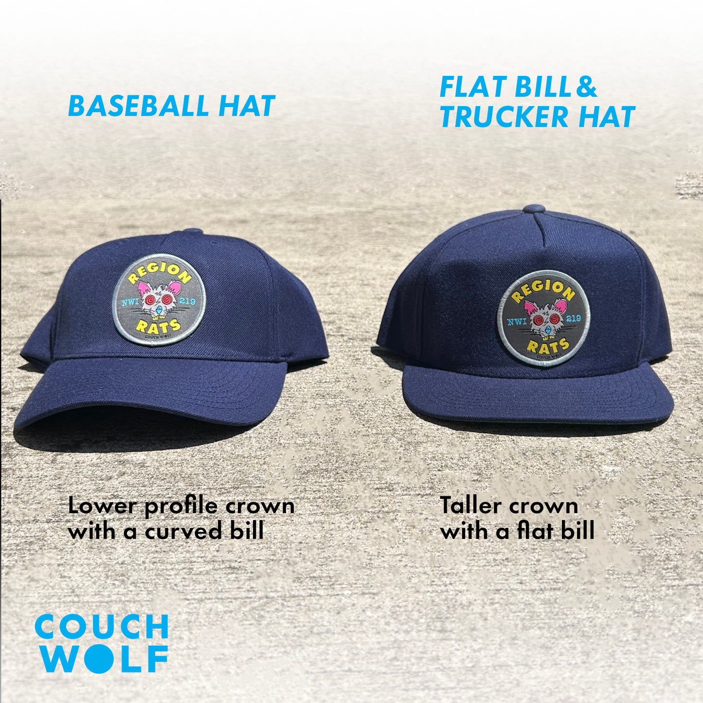 Comparison of two navy blue hats with region rat patches, a baseball hat and a trucker/flatbill hat