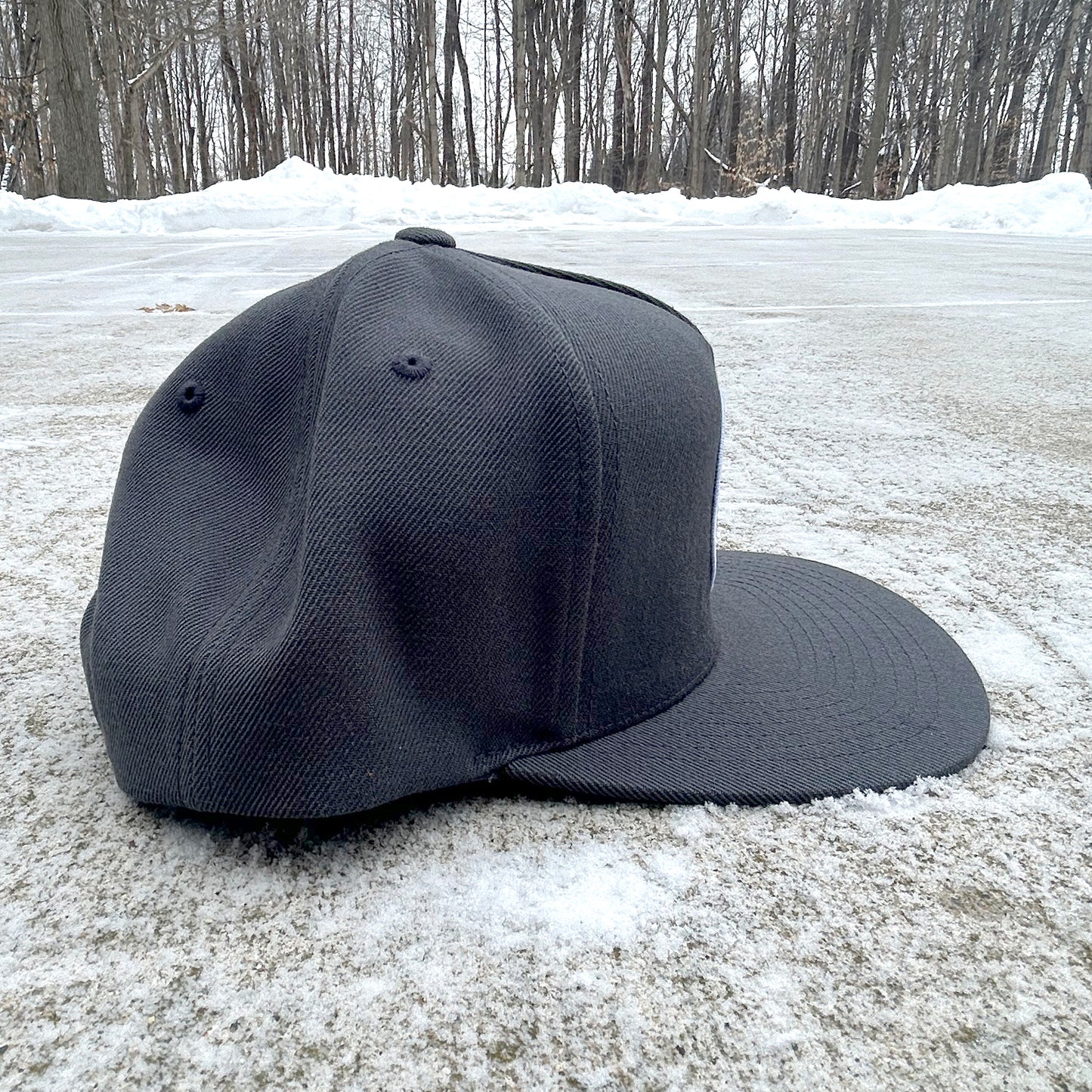 gray baseball cap on a snowy ground with trees in the background