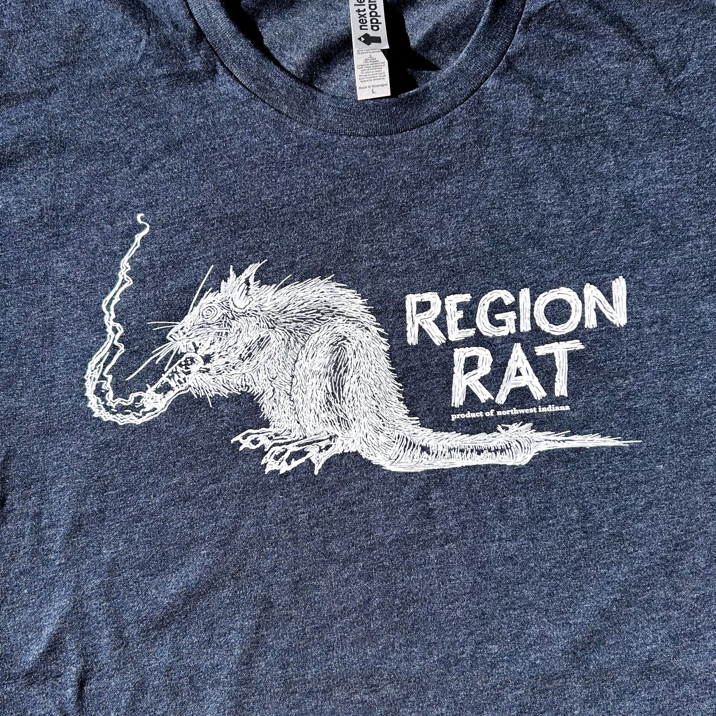 Region Rat shirt navy blue short sleeve shirt with gritty rat smoking cigarette in white ink shirt says Region Rat product of Northwest Indiana