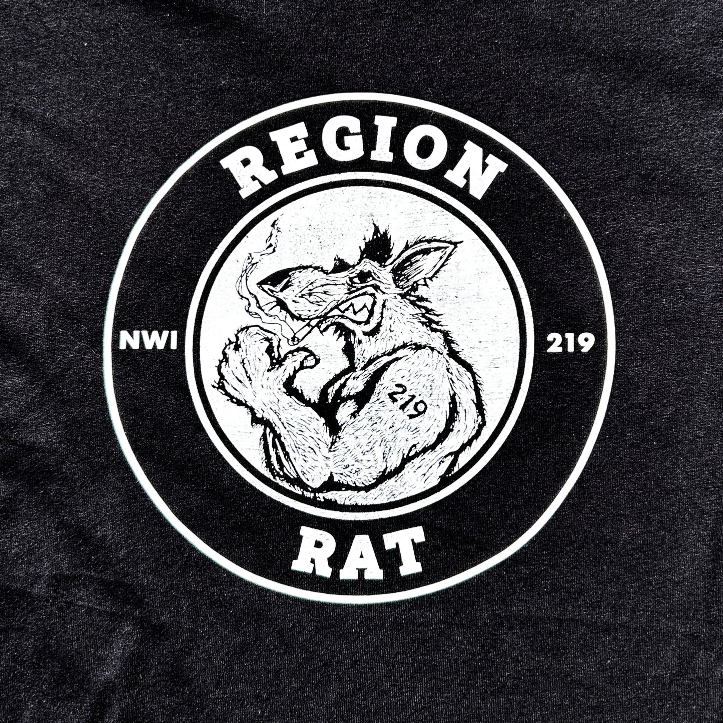 Region Rat shirt white rat art in a circle on black fabric shirt