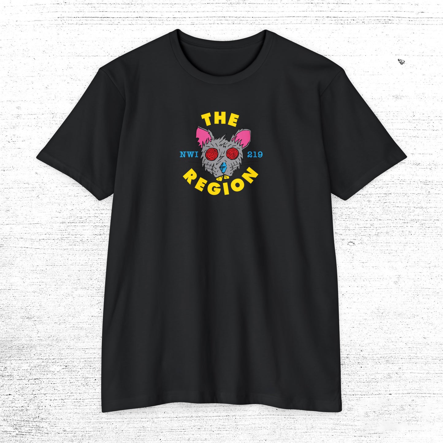 Region Rat t-shirt black t shirt featuring color Region Rat art the says the Region 219 nwi on white concrete background