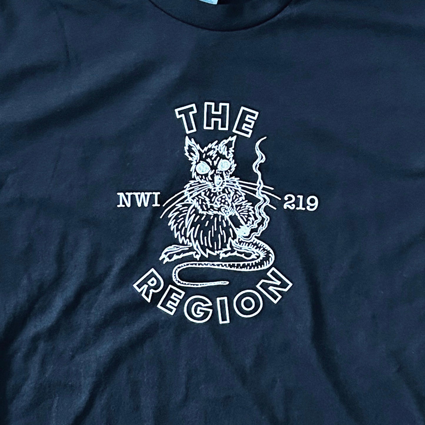 The Region Indiana Region Rat t-shirt white ink rat smoking cigarette standing upright says "the region nwi 219" funny northwest indiana shirt