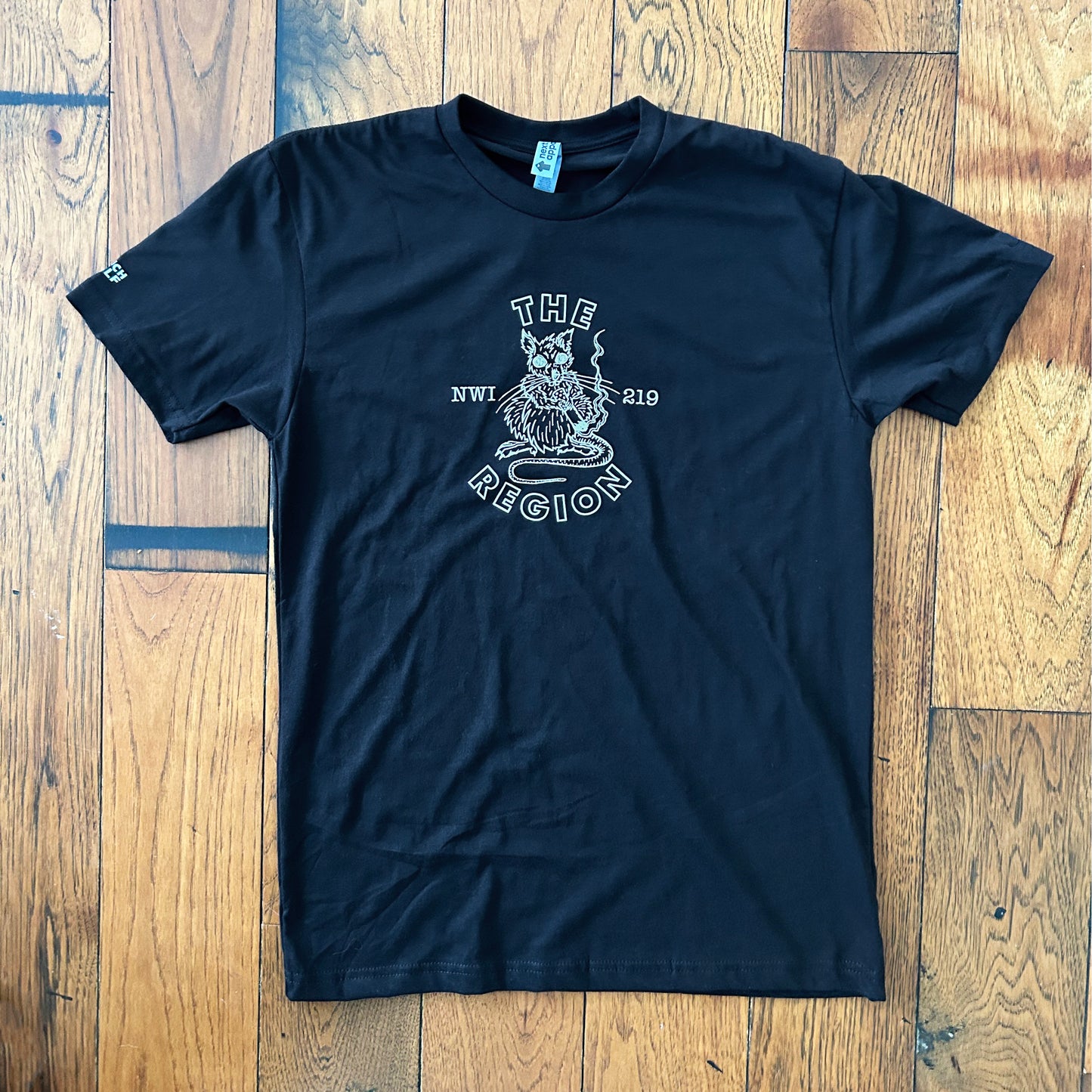 The Region Indiana t-shirt region rat t shirt black short sleeve shirt with white ink region rat artwork smoking a cigarette says The Region NWI 219 art by couch wolf