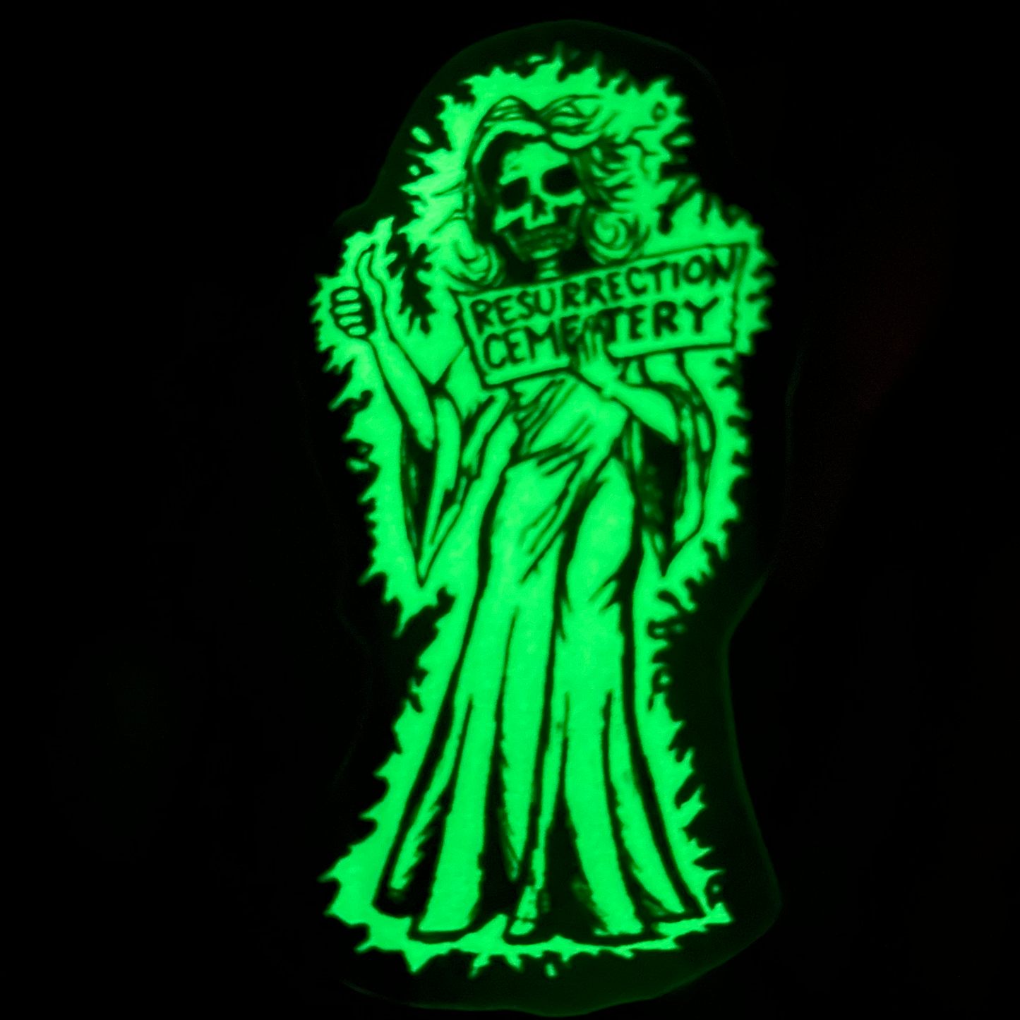 Resurrection Mary ghost sticker green glowing art on black background