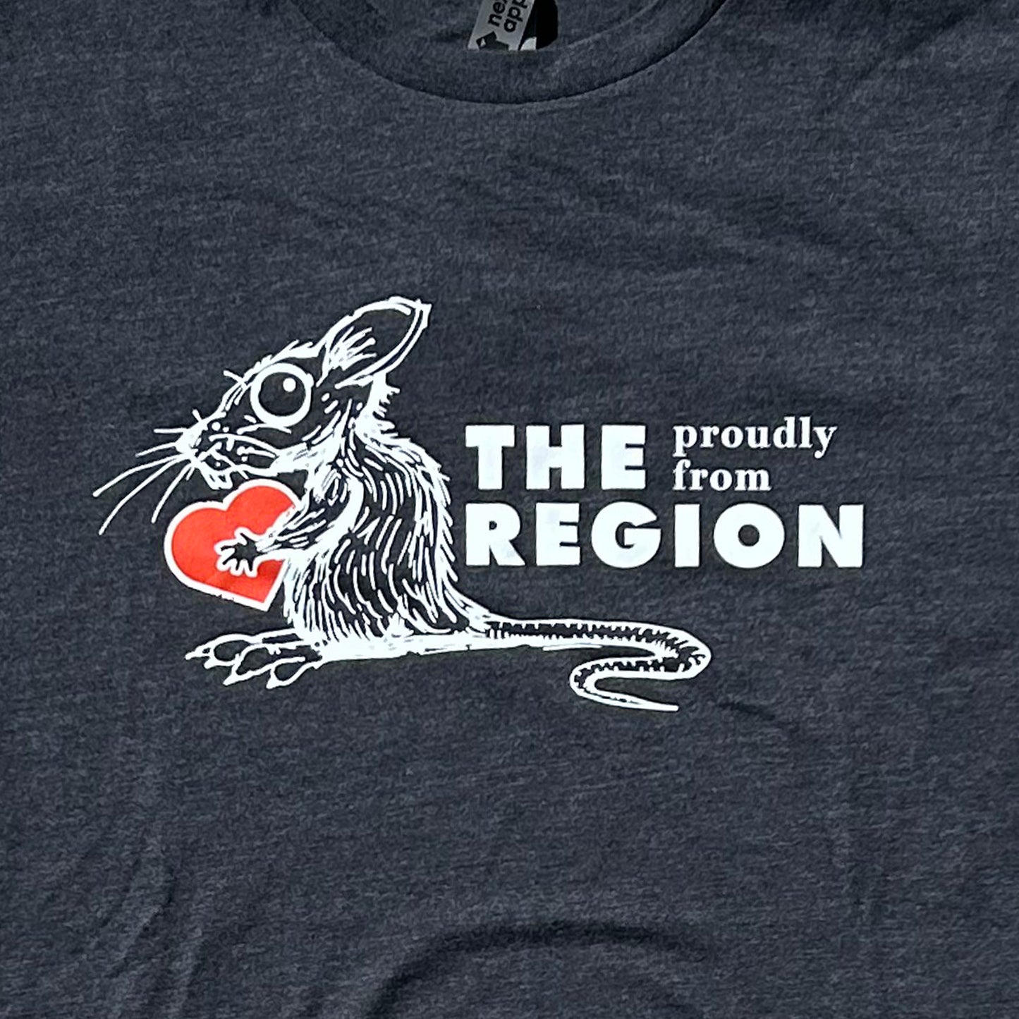 Region Rat Indiana shirts says proudly from the region with white ink draawing of rat holding red heart on gray shirt.