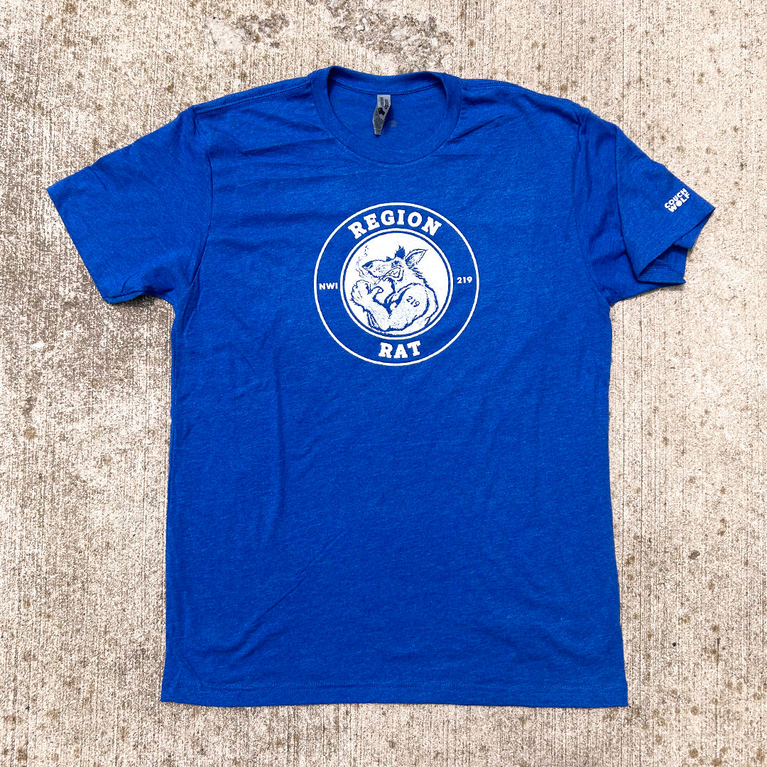 Blue region rat shirt with white rat artwork on textured gray background