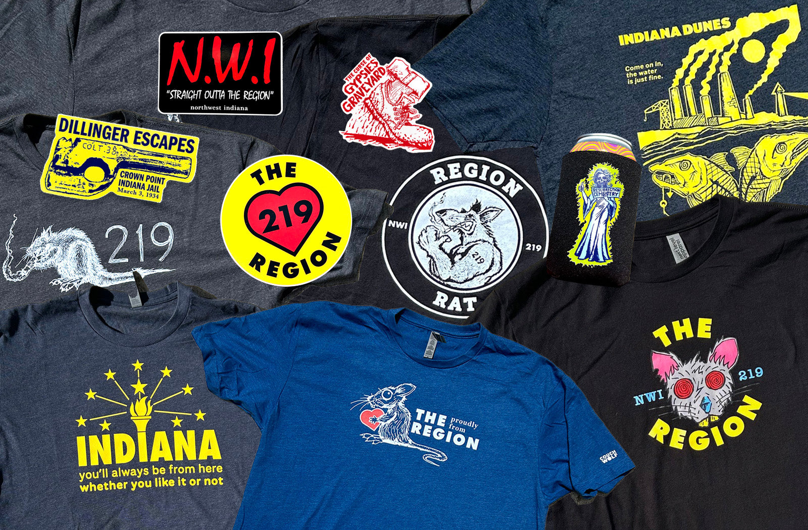 Couch Wolf Home Page Image black and blue Region Rat Shirts in a pile 