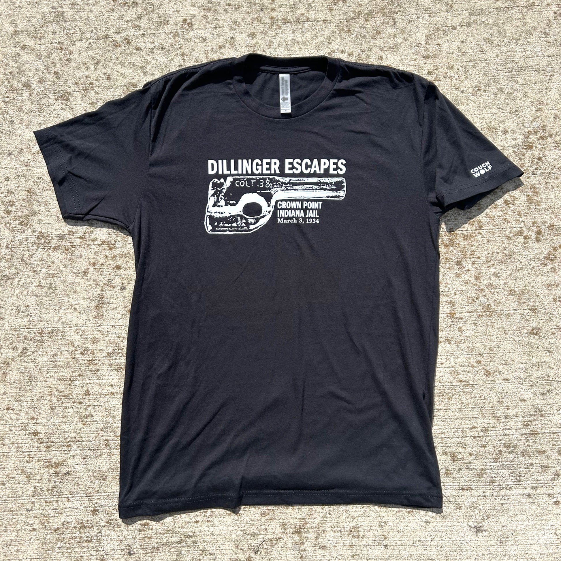Dillinger Escapes Black t-shirt with white graphic and text on a textured surface