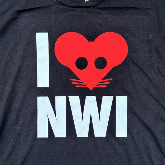 Black t-shirt with red heart and white text 'I heart NWI' on a dark background