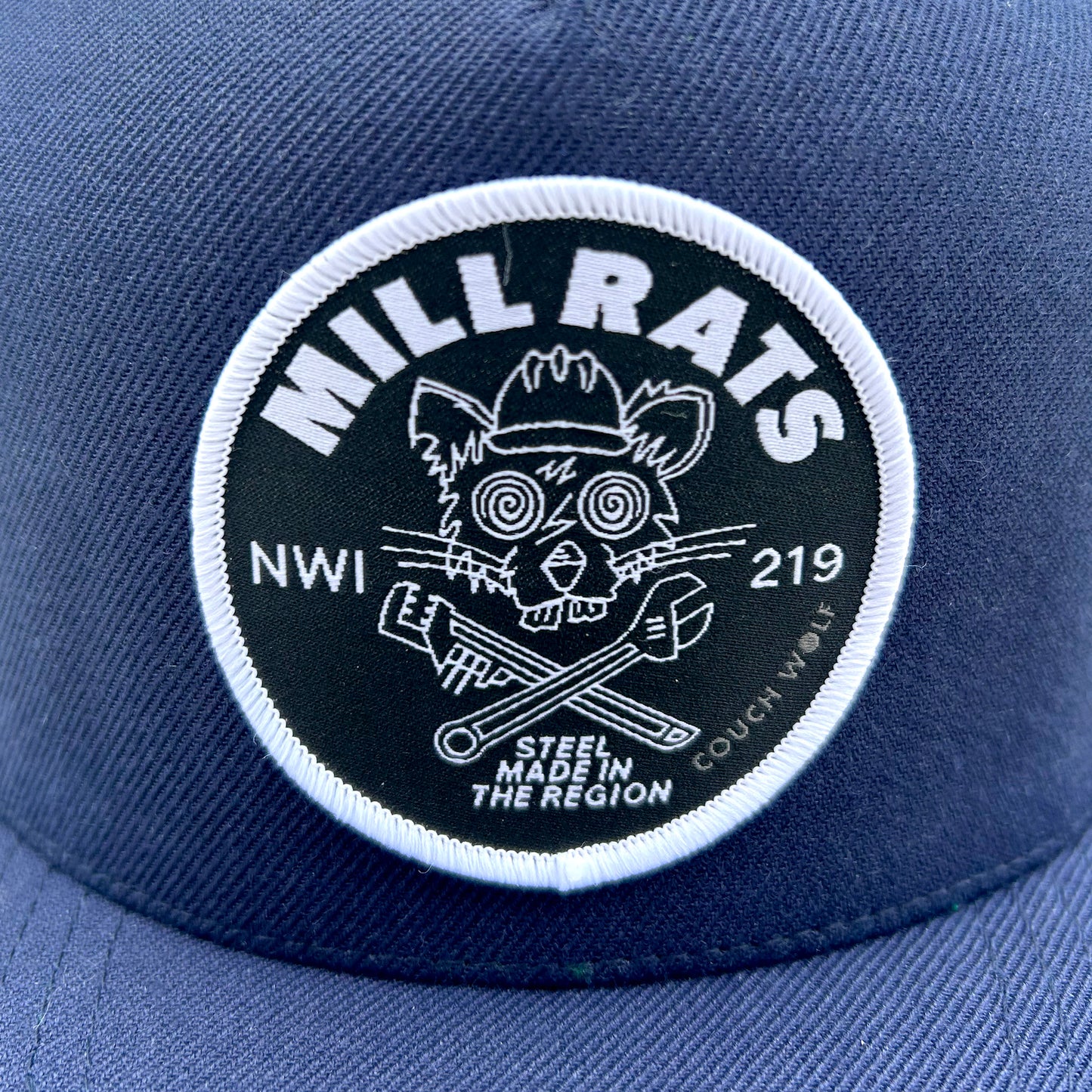 Black and white 'Mill Rats' logo patch  on a blue background