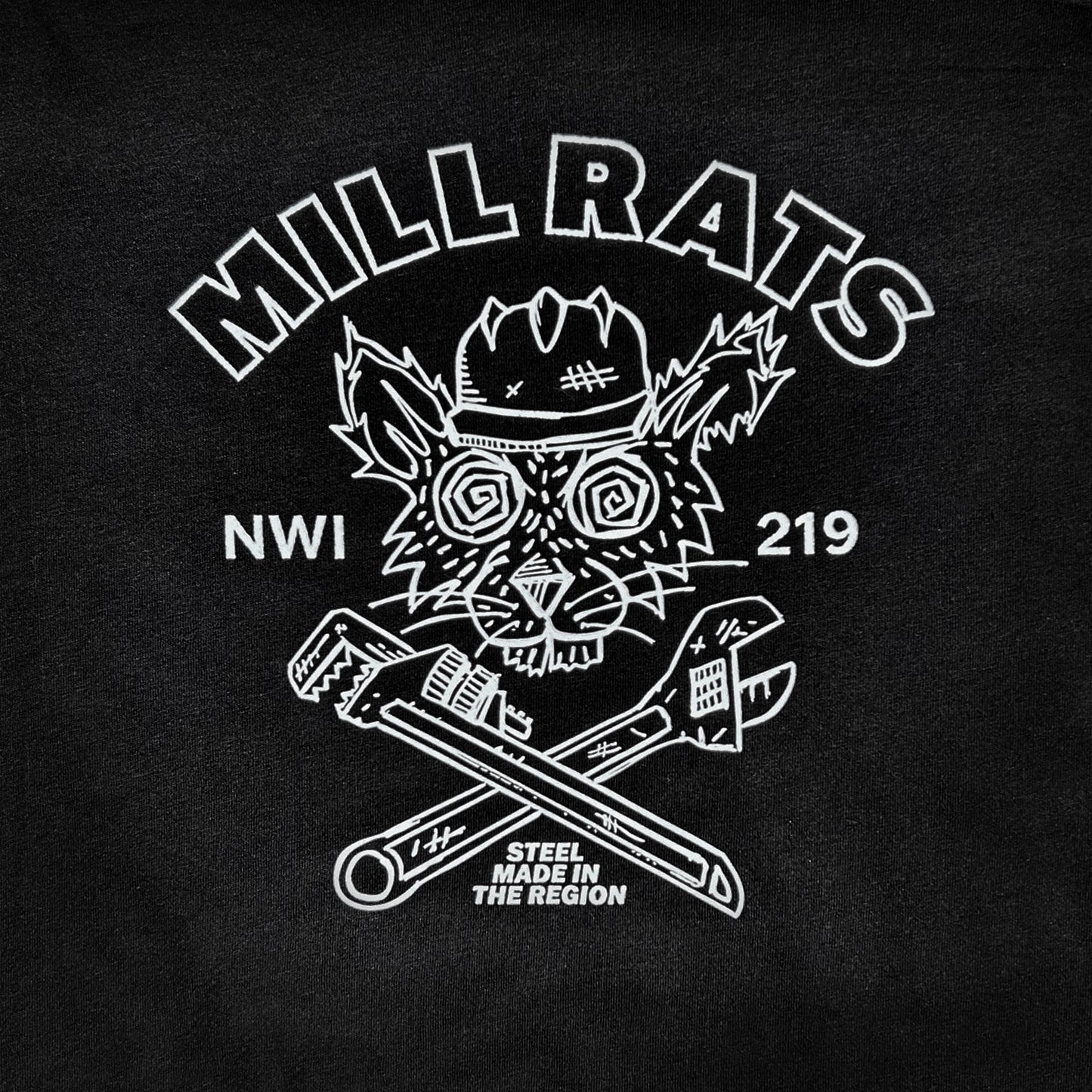 Mill Rats T-shirt close up with rat in hard hat and 2 wrenches forming an X, printed in white ink on black shirt that says "Mill Rats NWI 219 Steel made in the Region"