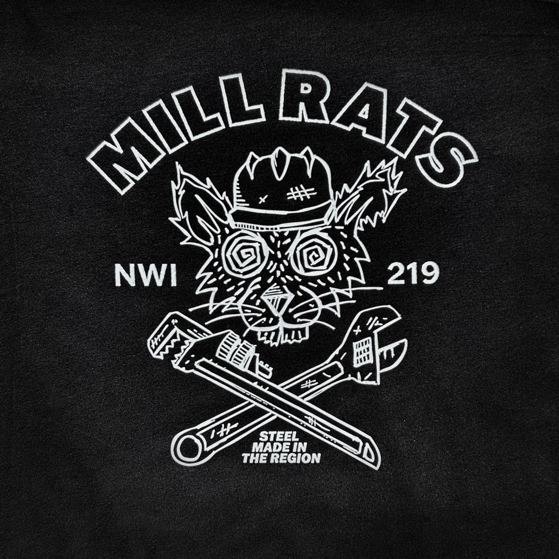 Mill Rats T-shirt close up with rat in hard hat and 2 wrenches forming an X, printed in white ink on black shirt that says "Mill Rats NWI 219 Steel made in the Region"