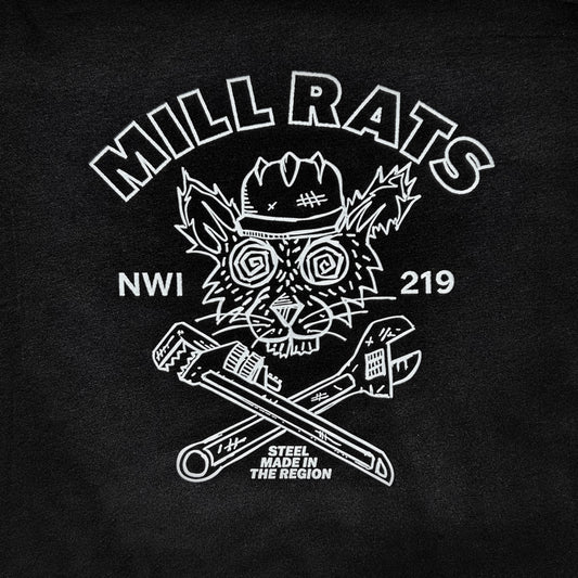 Mill Rats T-shirt close up with rat in hard hat and 2 wrenches forming an X, printed in white ink on black shirt that says "Mill Rats NWI 219 Steel made in the Region"