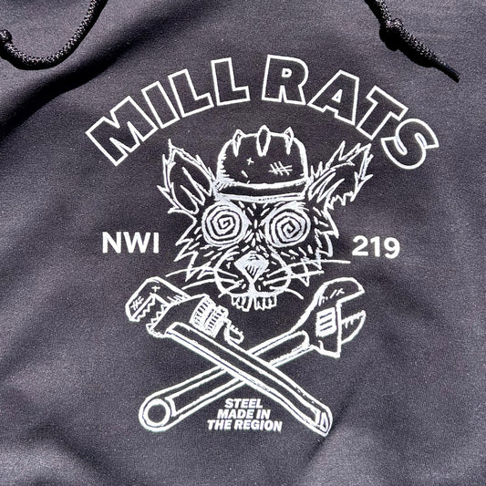 black hoodie with white graphic design featuring 'Mill Rats NWI 219' and a rat and wrenches illustration