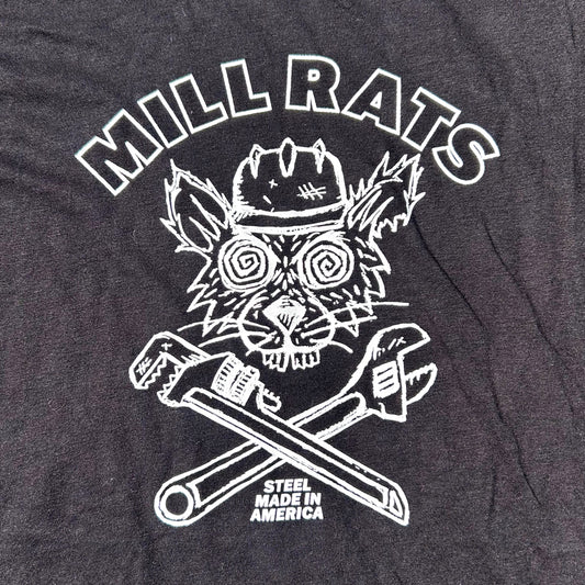 Mill Rat shirt black fabric with white graphic design of a rat wearing a helmet  and tools