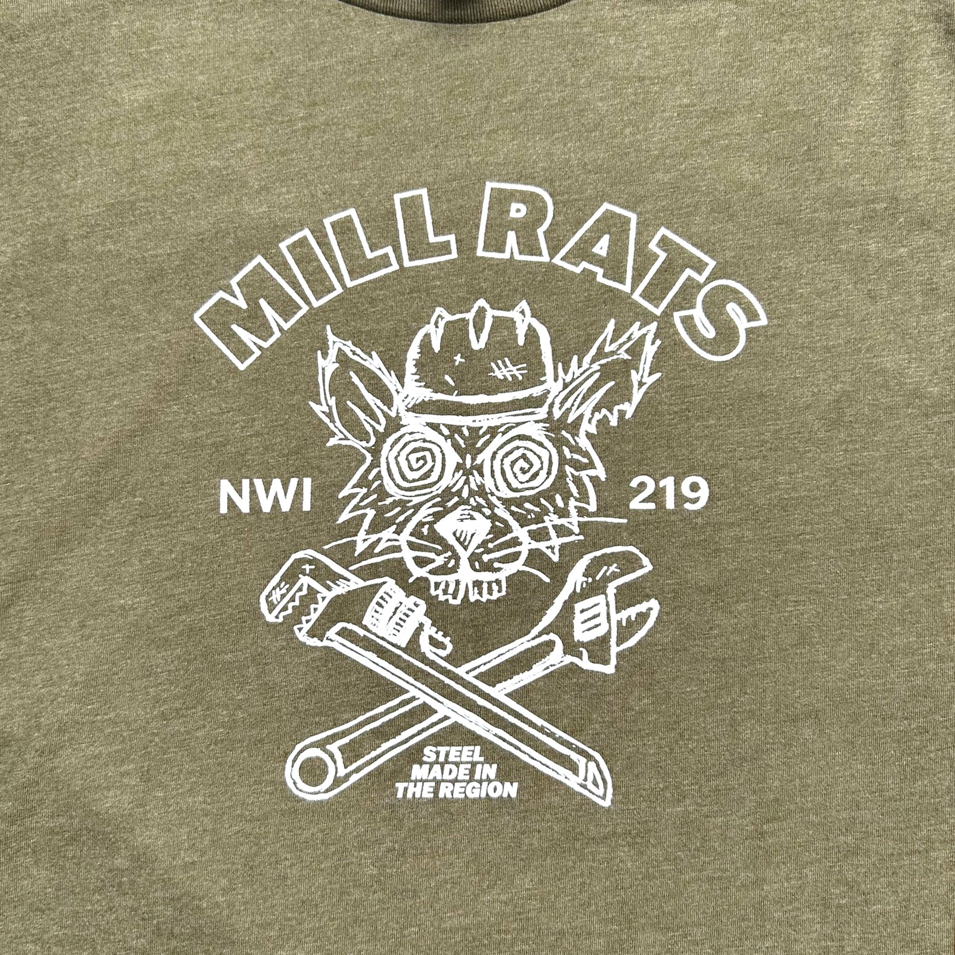 Green t-shirt with white graphic design featuring text that says "Mill Rats NWI 219 Steel Made in the Region"  and a stylized rat  head.