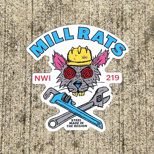 Sticker with 'Mill Rats' design featuring a rat wearing a hard hat, crossed wrenches, and text on a textured background.