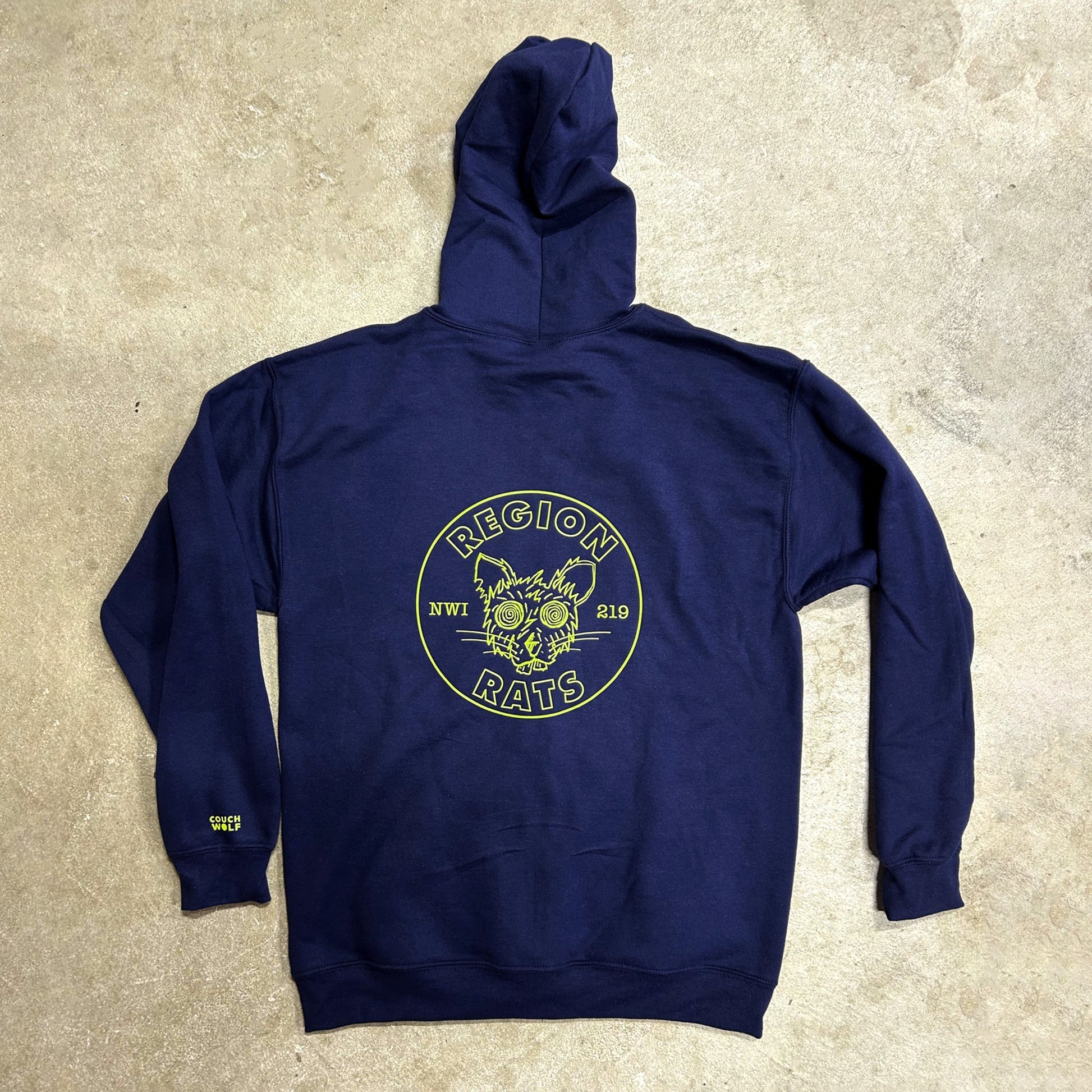 Navy blue hoodie with green region rat graphic on a beige surface the design says "Region Rats NWI 19"