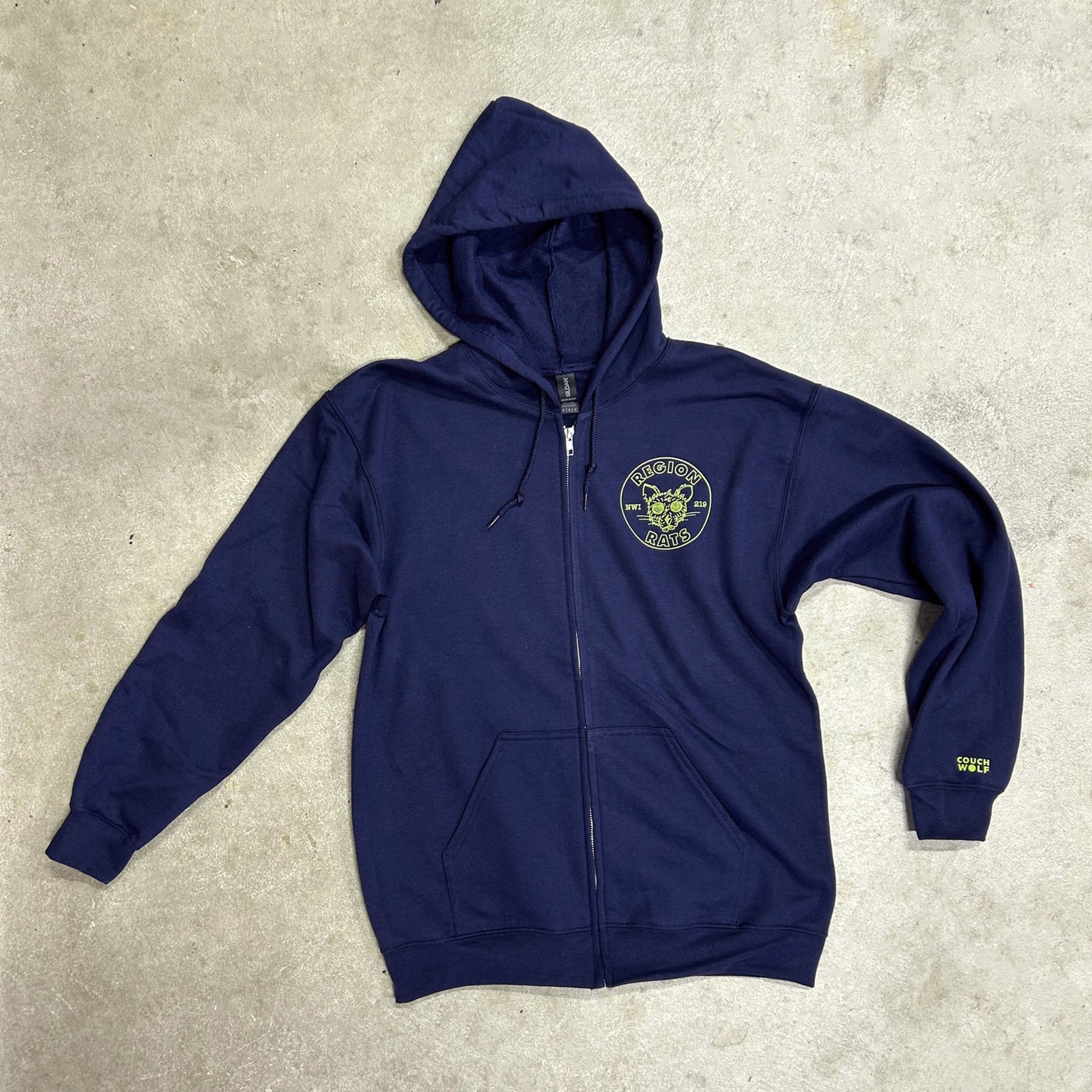 Navy blue hoodie with region rat artwork on a beige surface
