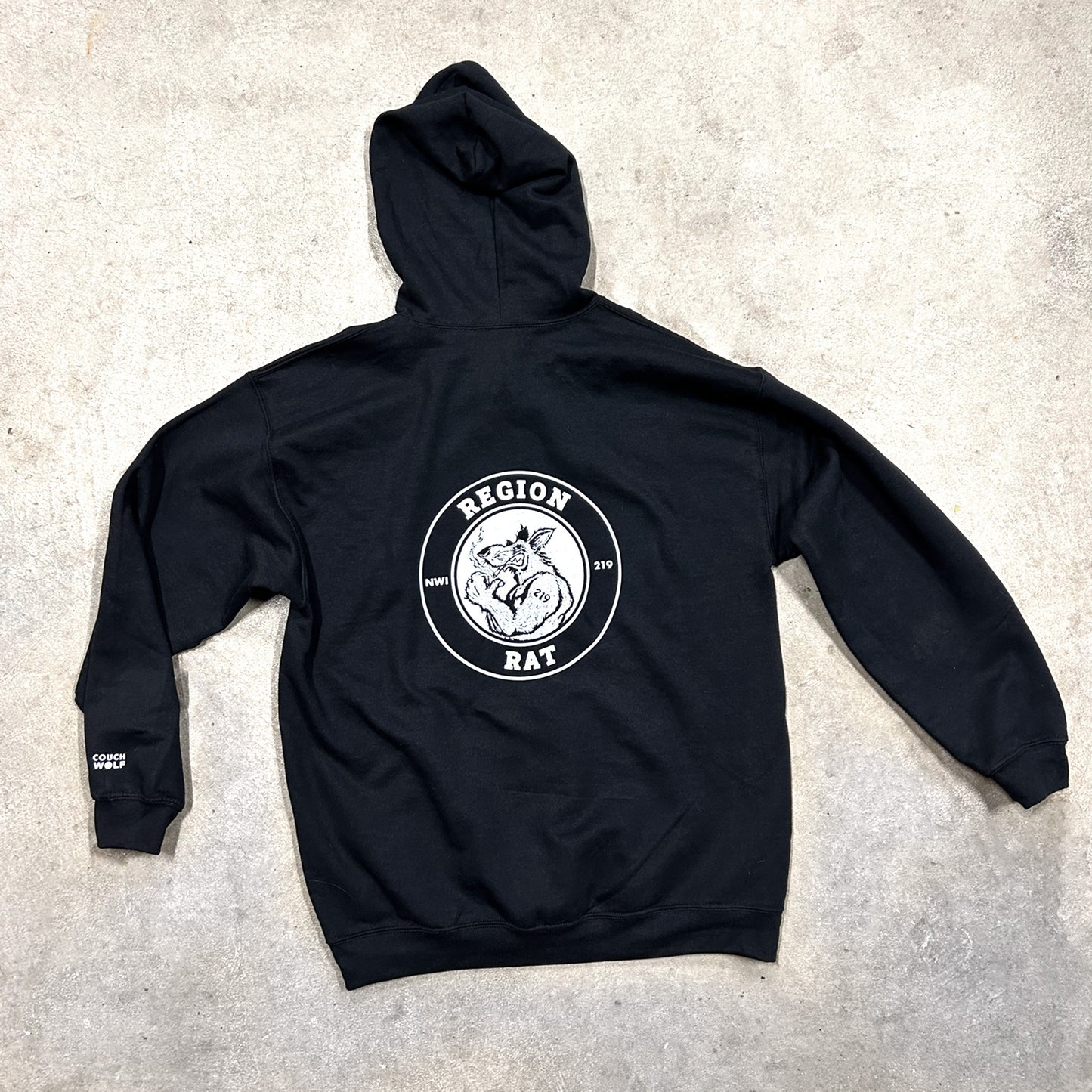 Black hoodie with a white Region Rat 219 logo on a light gray background