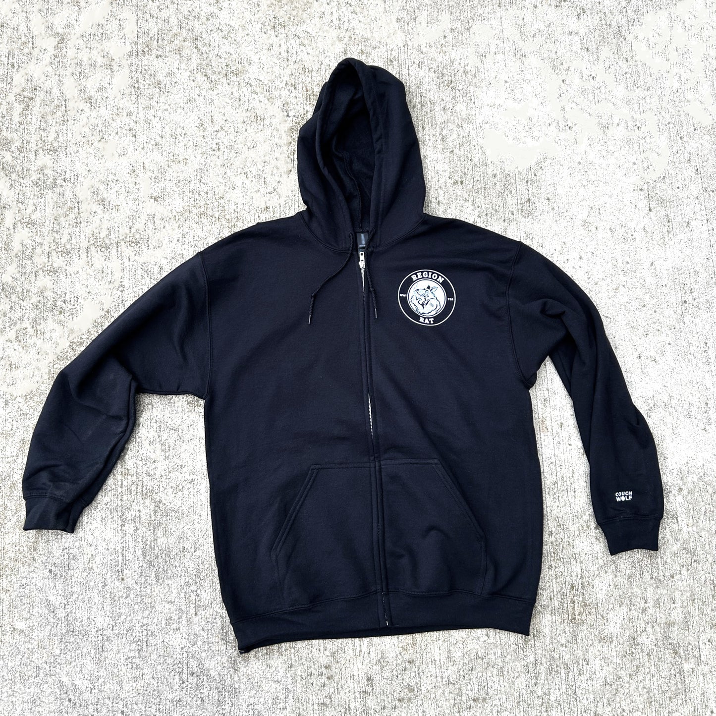 Black hoodie with a region rat logo on the chest against a gray textured background