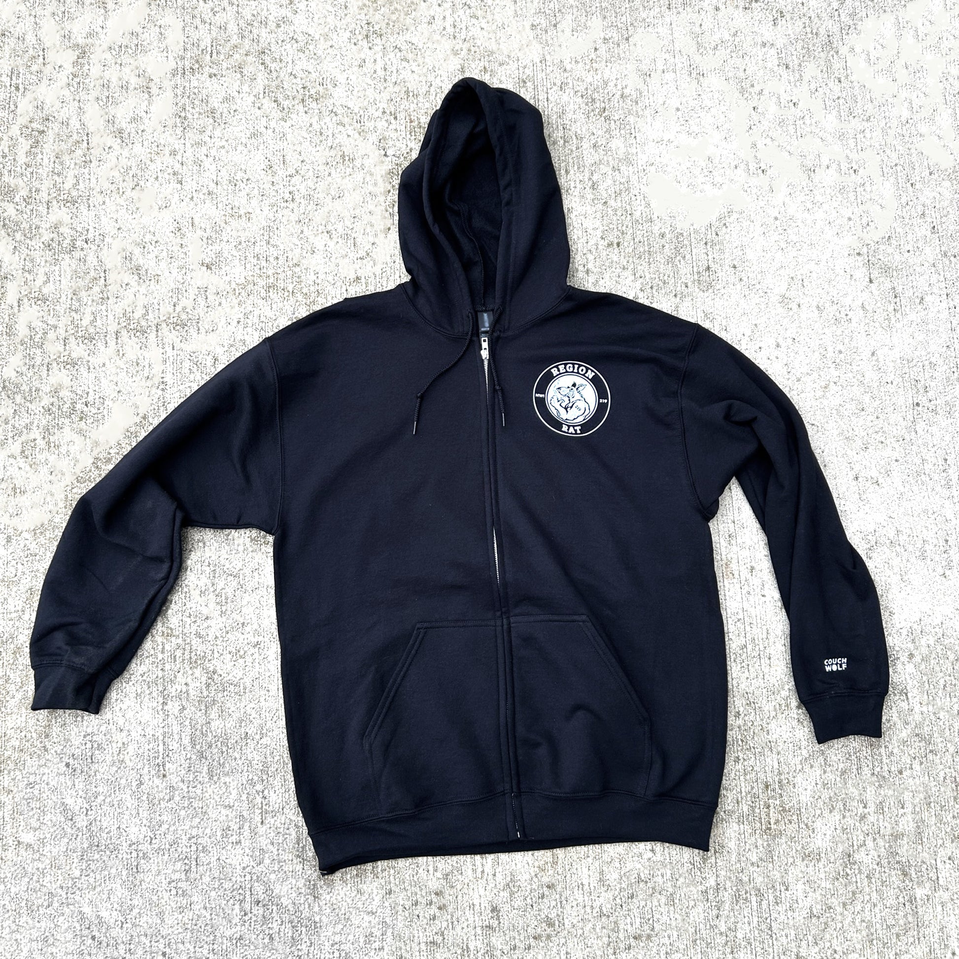 Black hoodie with a region rat logo on the chest against a gray textured background