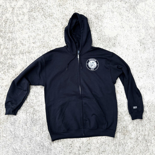 Black hoodie with a region rat logo on the chest against a gray textured background