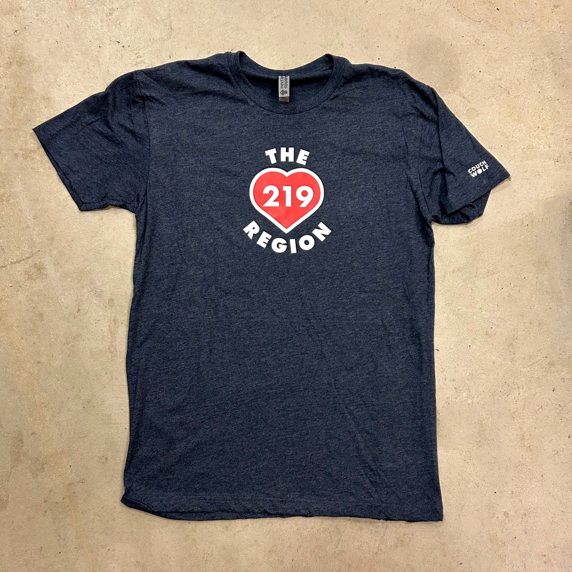 Navy blue t-shirt with 'The 219 Region' logo on a beige background