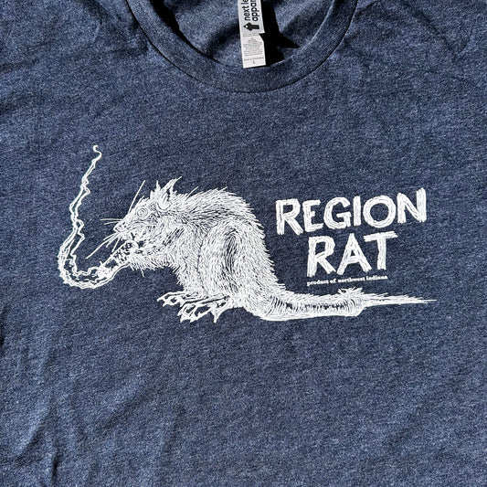 Region Rat shirt navy blue short sleeve shirt with gritty rat smoking cigarette in white ink shirt says Region Rat product of Northwest Indiana