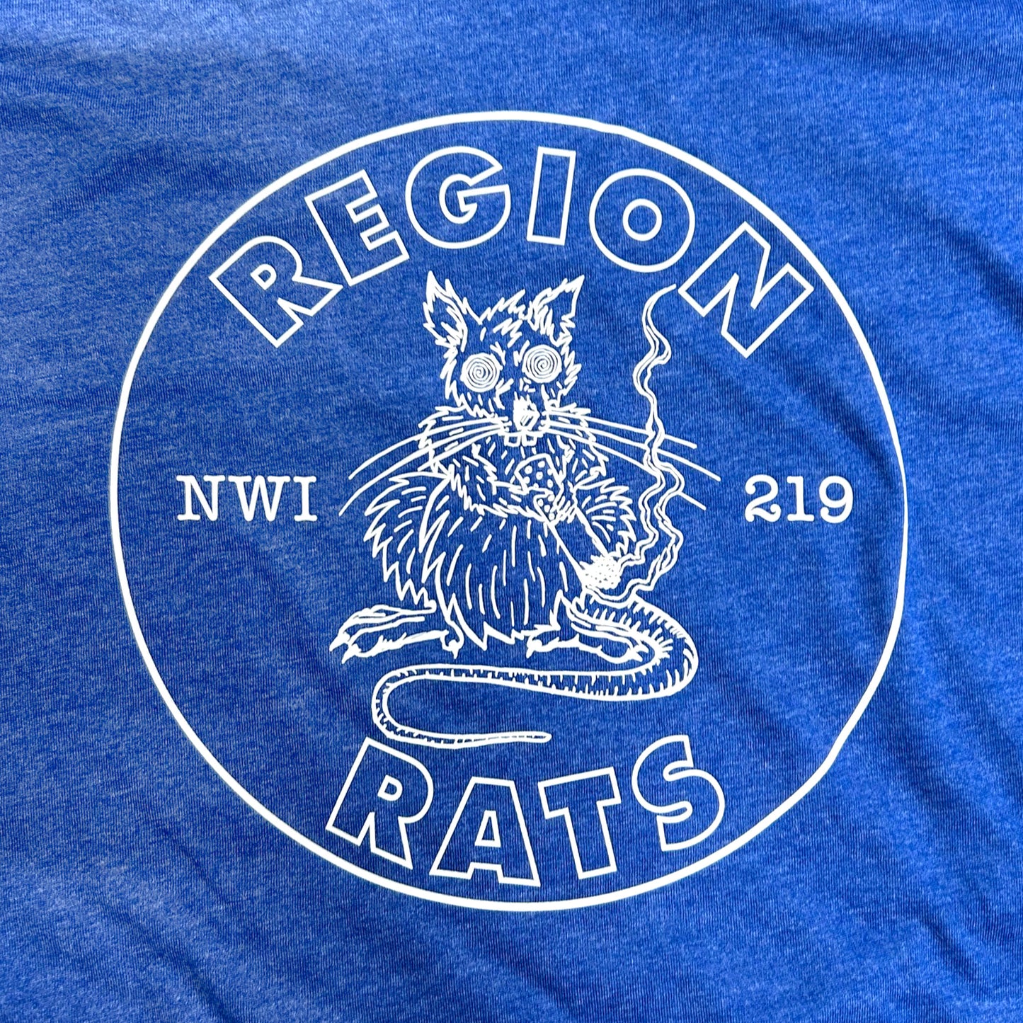 Blue t-shirt with white graphic of a rat and text 'REGION RATS NWI 219' on a blue background