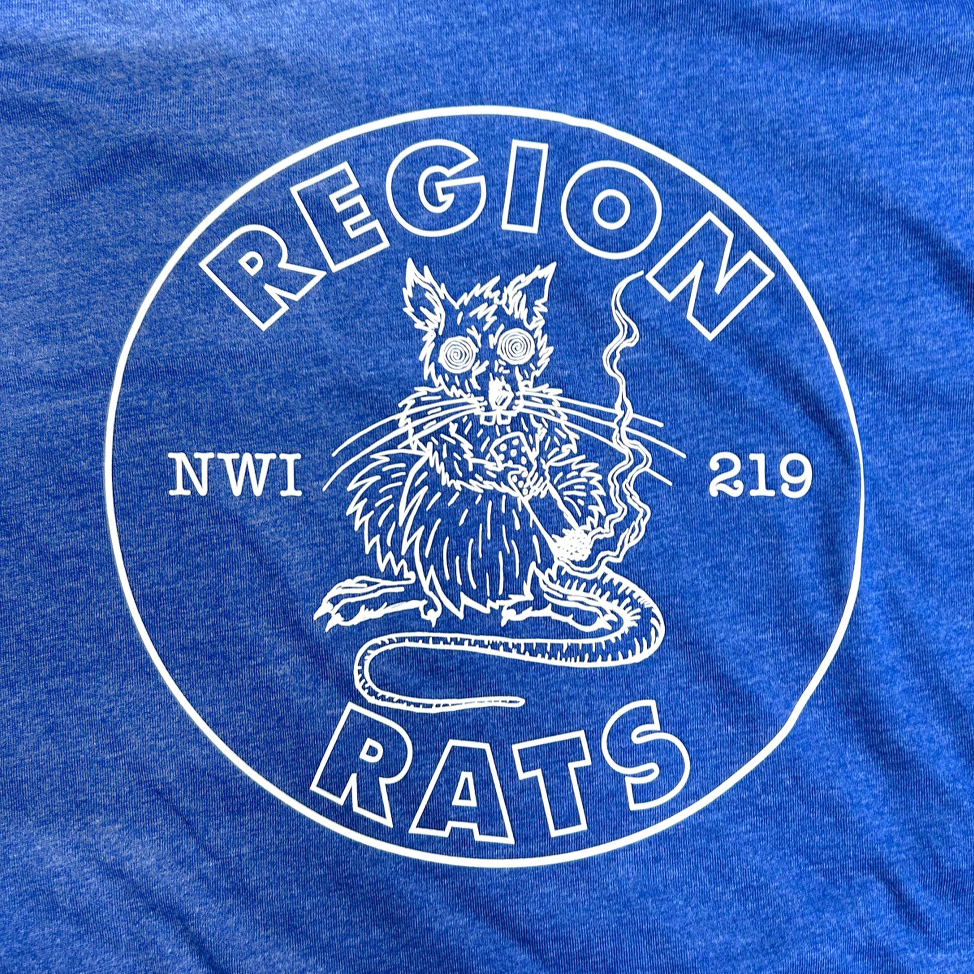 Blue t-shirt with white graphic of a rat and text 'REGION RATS NWI 219' on a blue background