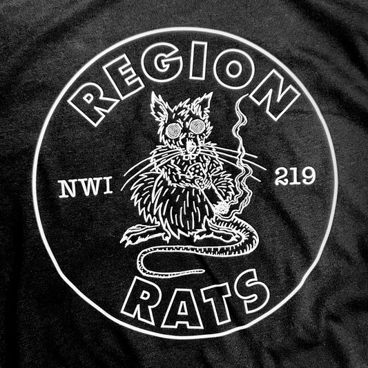 Black t-shirt with white graphic and text 'REGION NWI 219 RATS' on a dark background