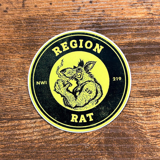 region rat sticker northwest indiana Region Rat sticker the region indiana sticker says "region rat  nwi 219" features flexing buff rat artwork  circle sticker on wood floor background region rat upper body image on sticker