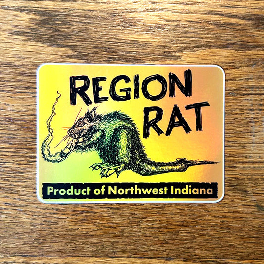 Region Rat sticker with black artwork on reflective rectangle sticker on wood background