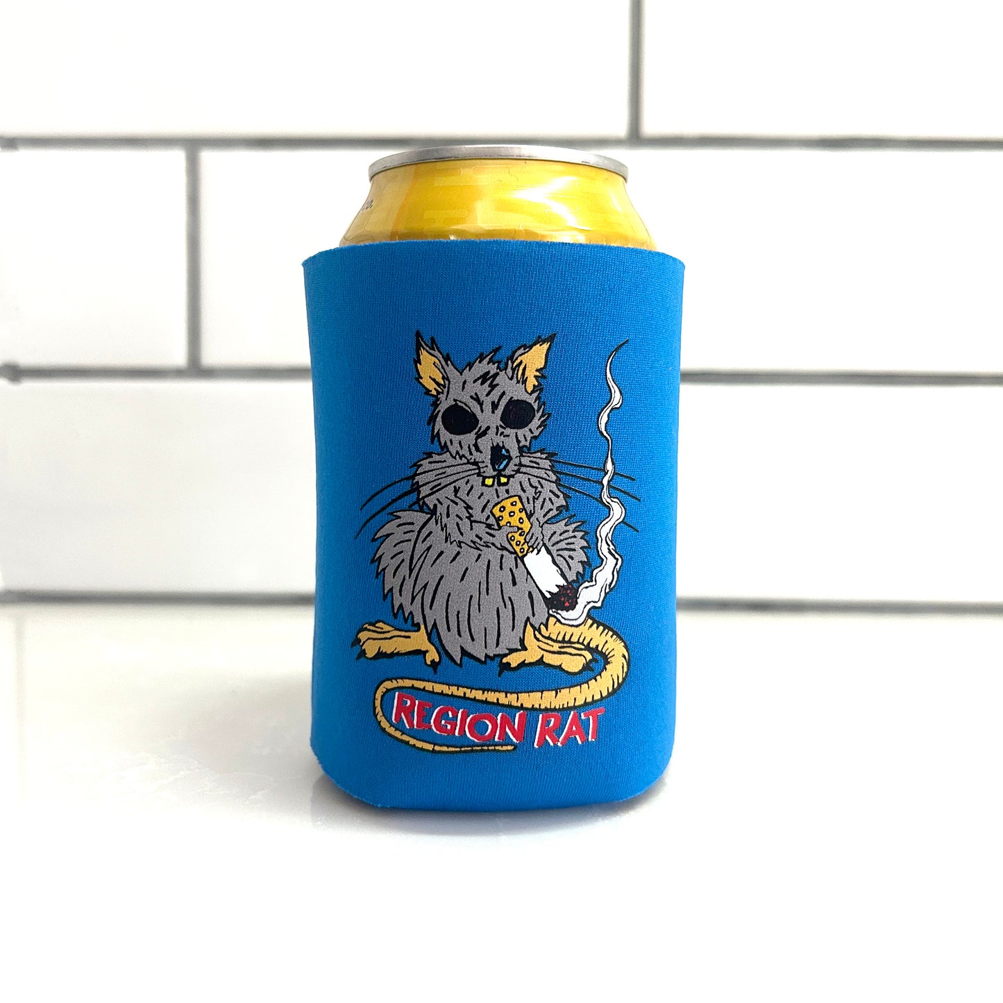 Blue can cooler on white background with gray rat graphic that says 'Region Rat"