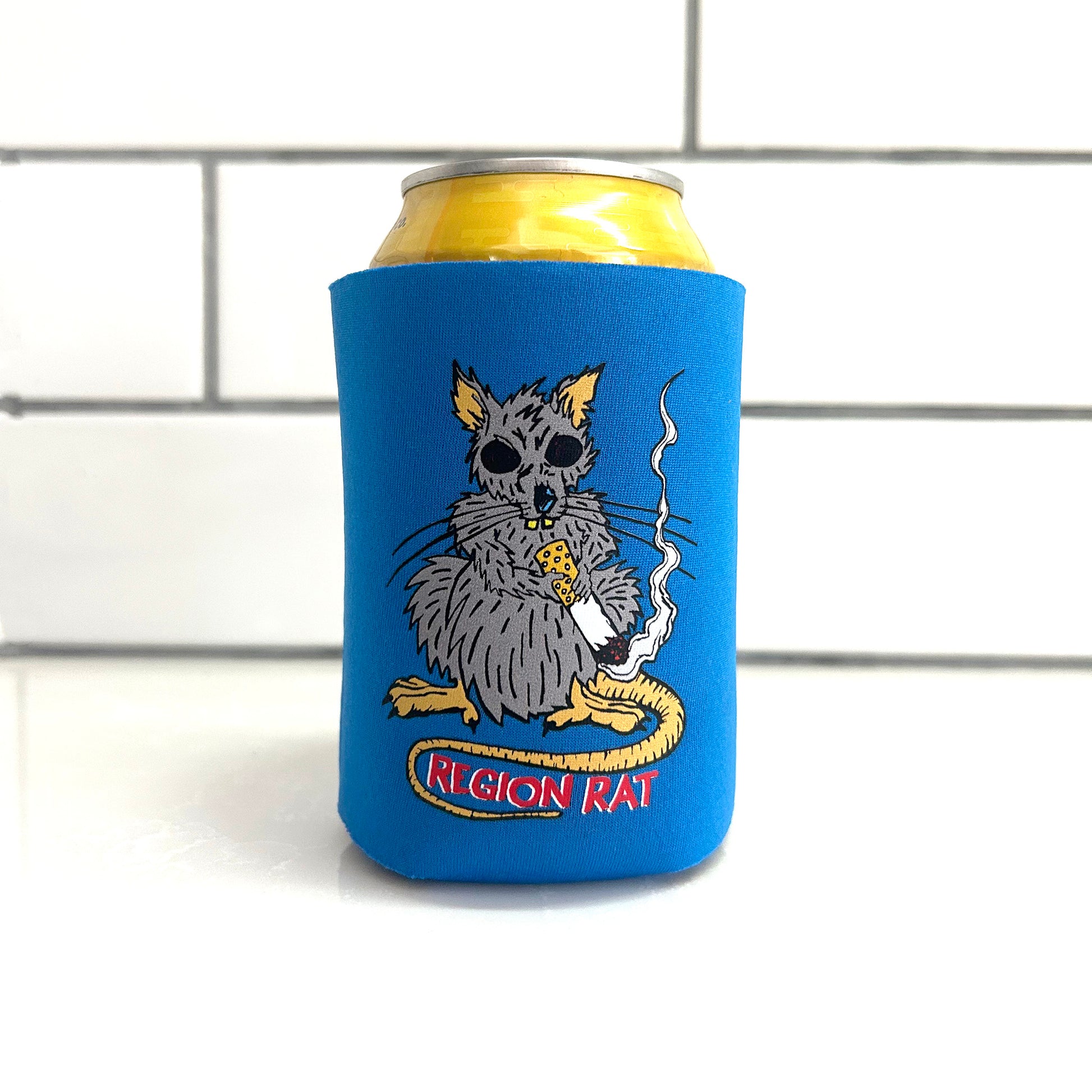 Blue can cooler on white background with gray rat graphic that says 'Region Rat"