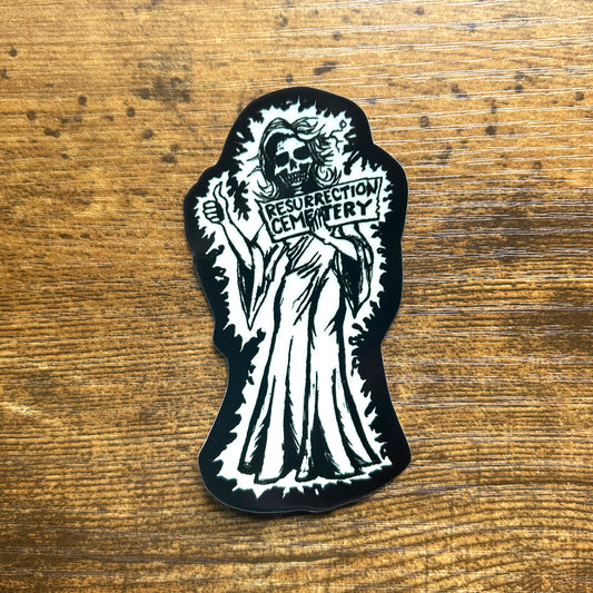 Resurrection Mary sticker black and white ghost art sticker on wood background