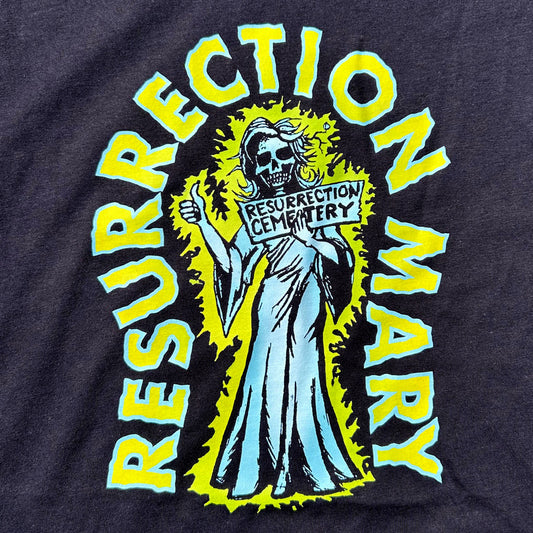 T-shirt with 'Resurrection Mary' graphic design featuring a skeleton ghost holding a sign.