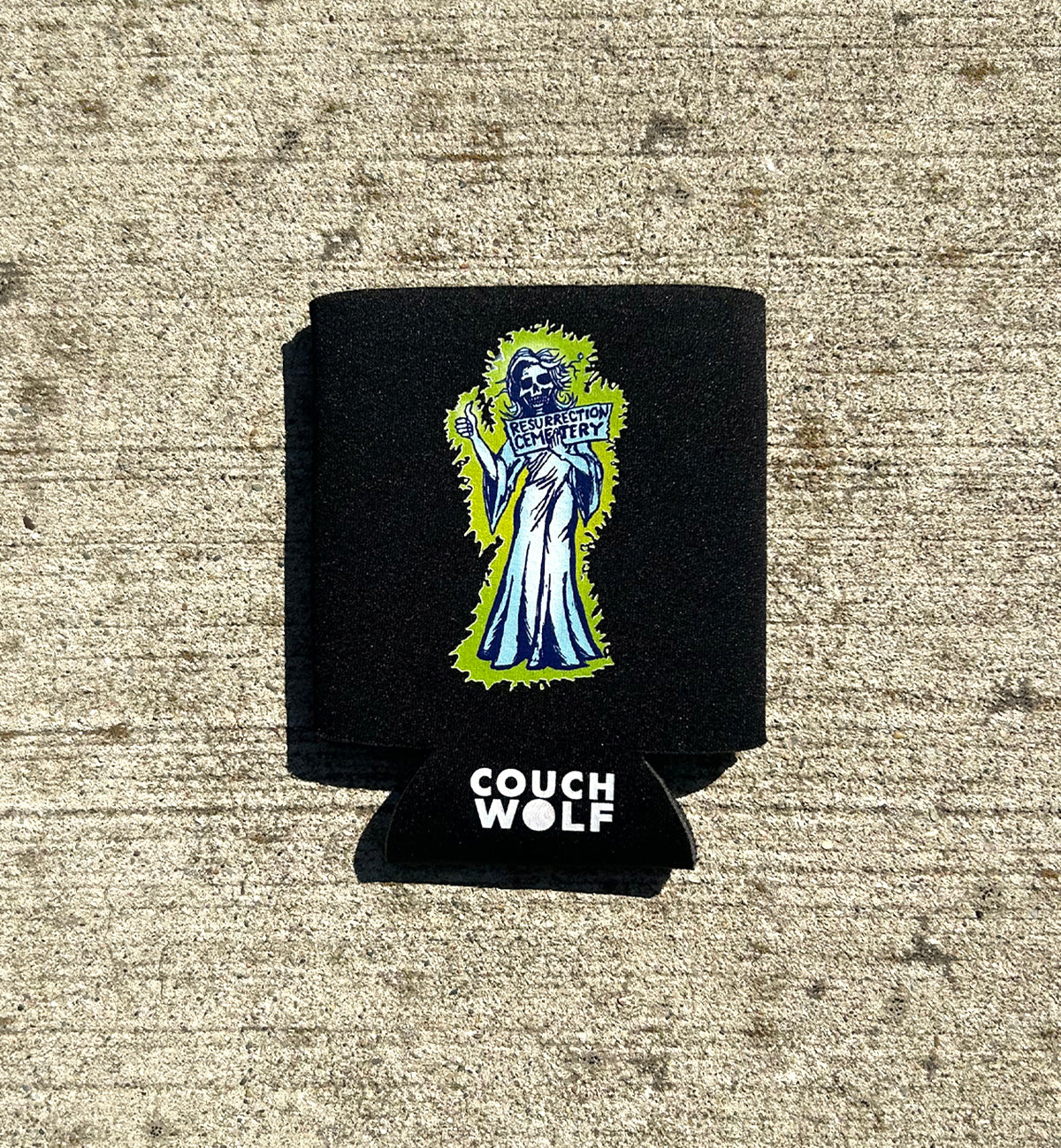 Resurrection Mary Ghost can cooler foam can cooler blue and green color artwork of hitchhiking ghost resurrection Mary holding sign with thumb out that  says "Resurrection Cemetery" on concrete background, rainbow 